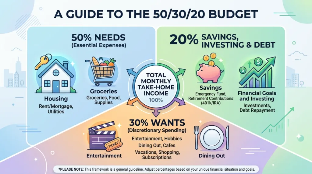 50/30/20 budget rule showing needs wants savings investing and debt