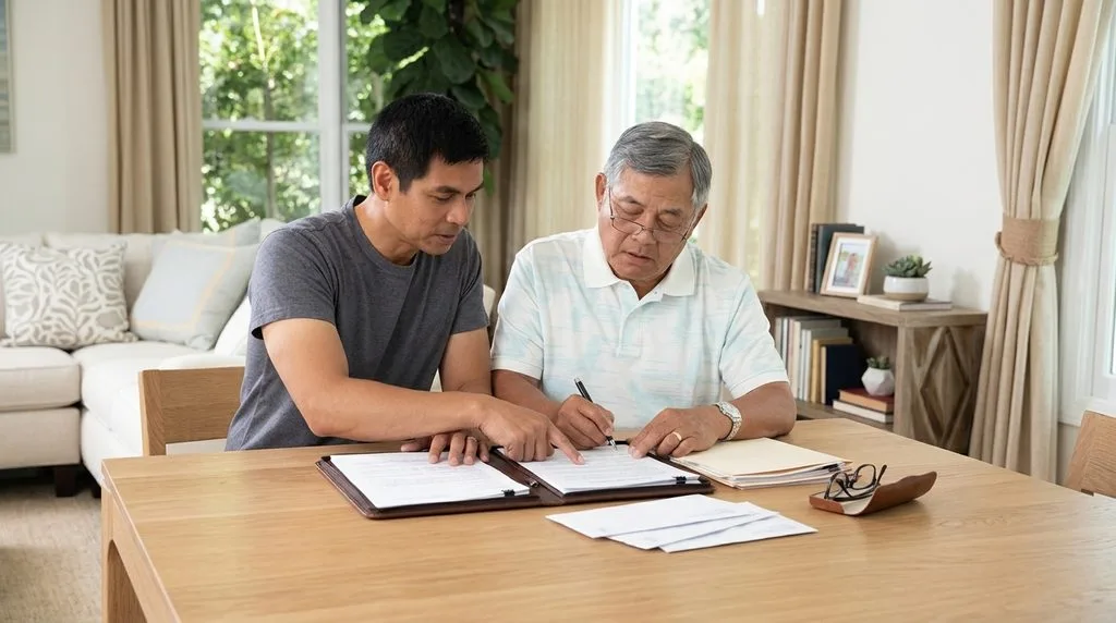 Adult child helping elderly parent review insurance paperwork
