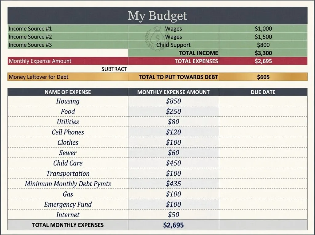 Budget planning worksheet used to organize debt payoff