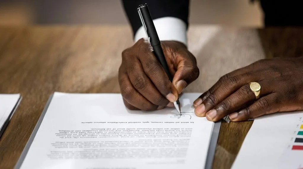 Close-up of a hand signing a legal lease guaranty document with a pen