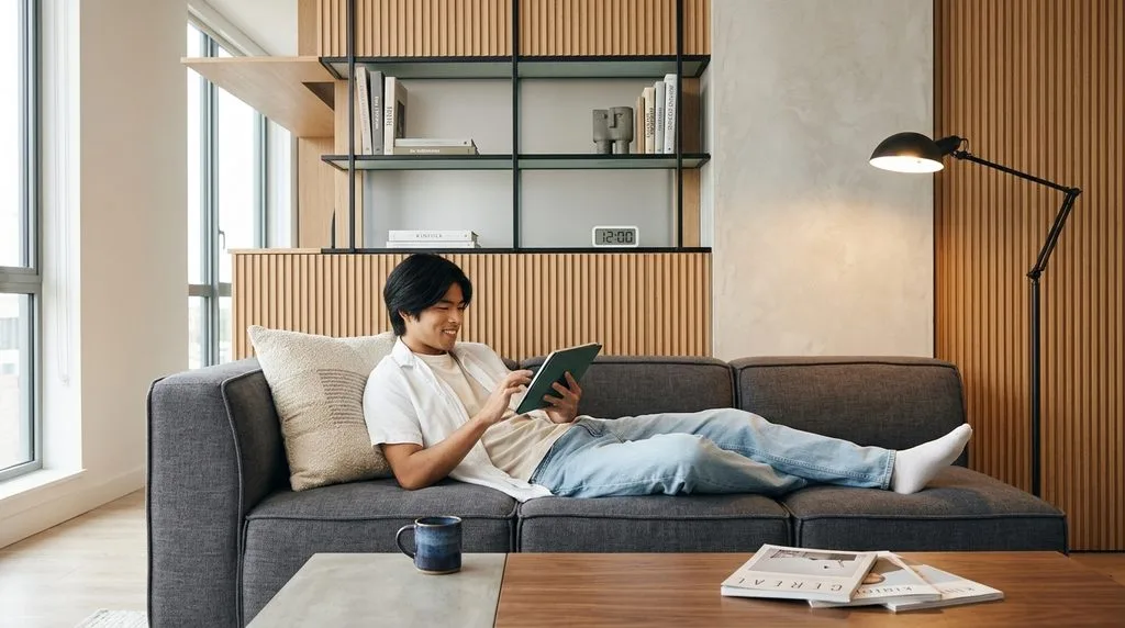 College student in a modern apartment living room representing student rental scenarios