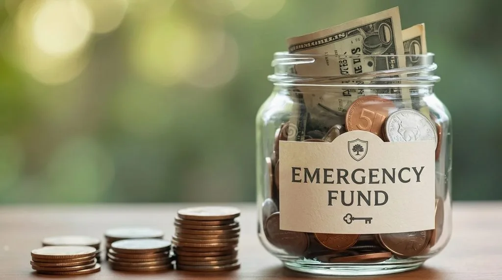 Glass jar filled with coins and bills, illustrating an emergency savings fund