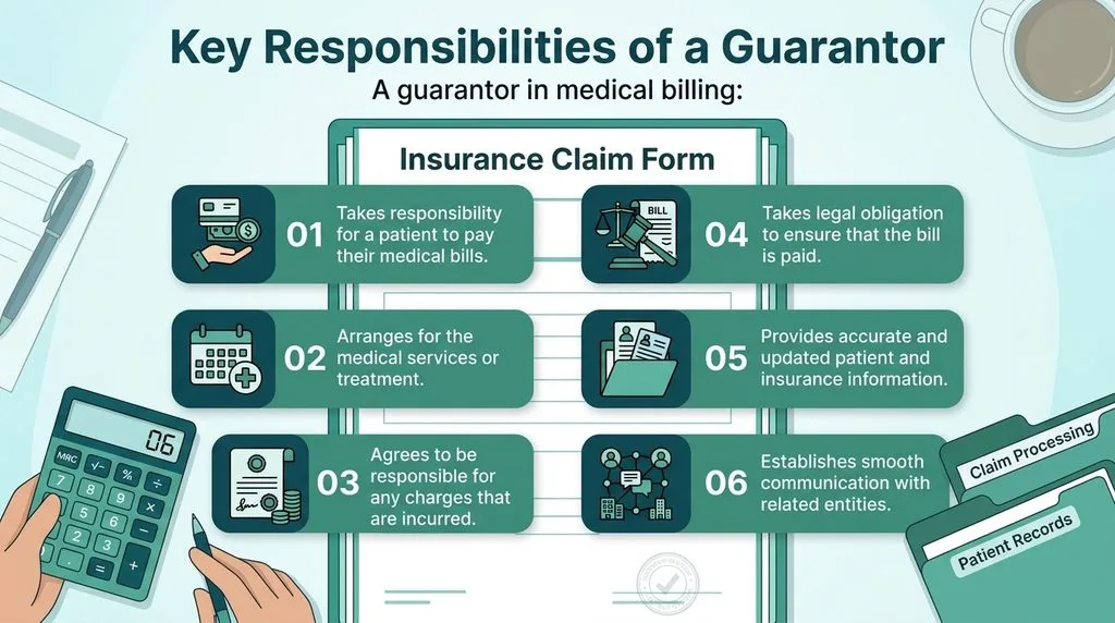 Insurance claim paperwork and calculator showing a guarantor’s duties