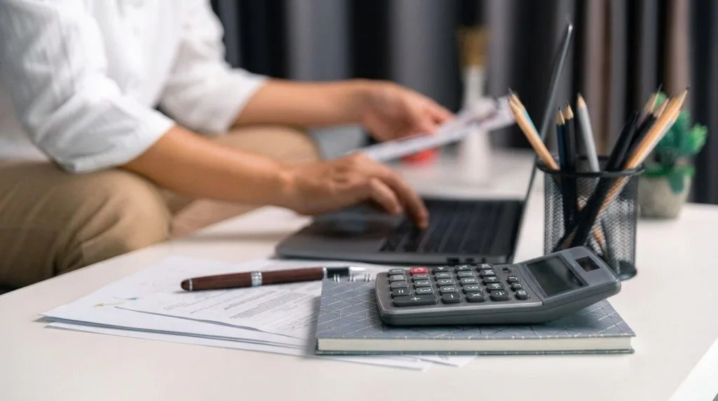 Person calculating taxes on desk