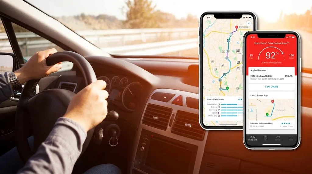 Smartphone showing a telematics safe-driving app for insurance discounts
