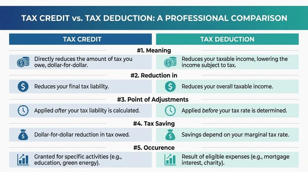 Tax Deductions vs Tax Credits comparison chart infographic