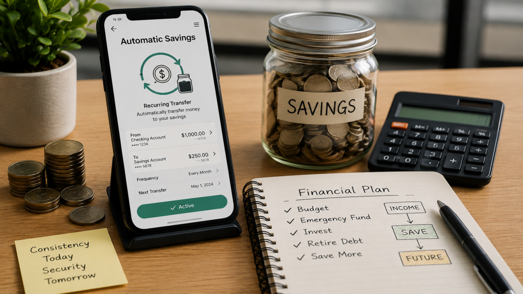 Automated savings transfer shown on smartphone with savings jar and financial planning notebook