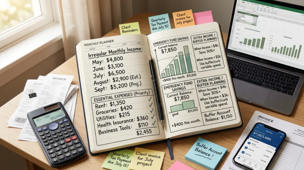 Freelancer planning a monthly budget with irregular income and emergency savings