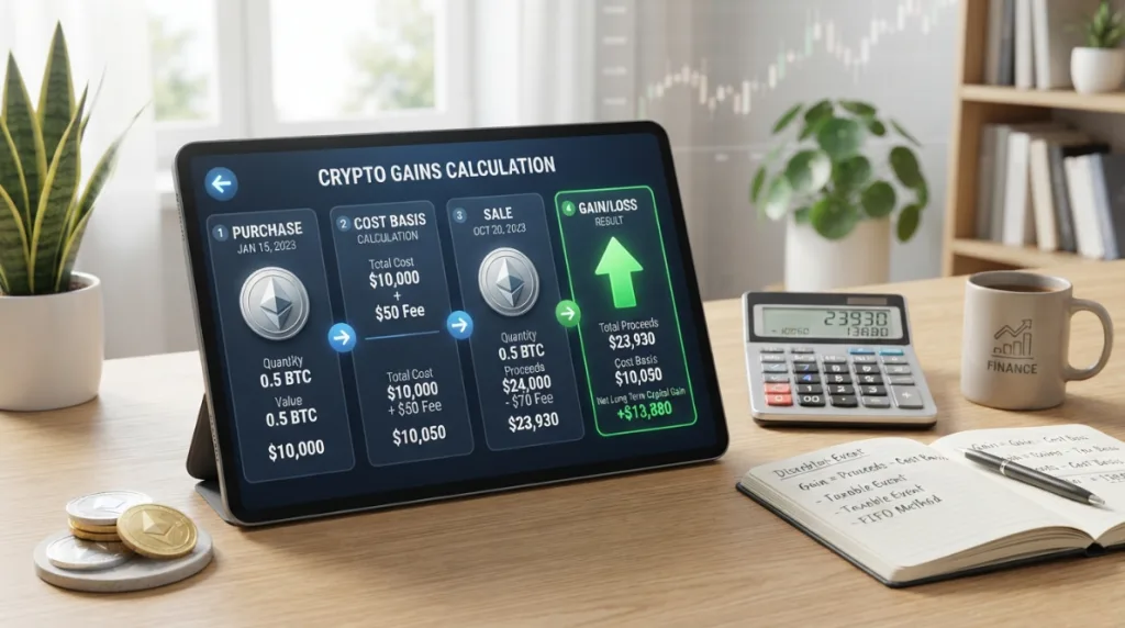Crypto capital gains and losses calculation using cost basis and sale proceeds