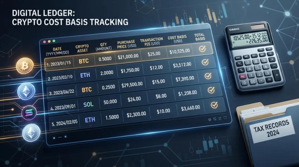 Crypto cost basis tracking with purchase price, fees, and transaction records