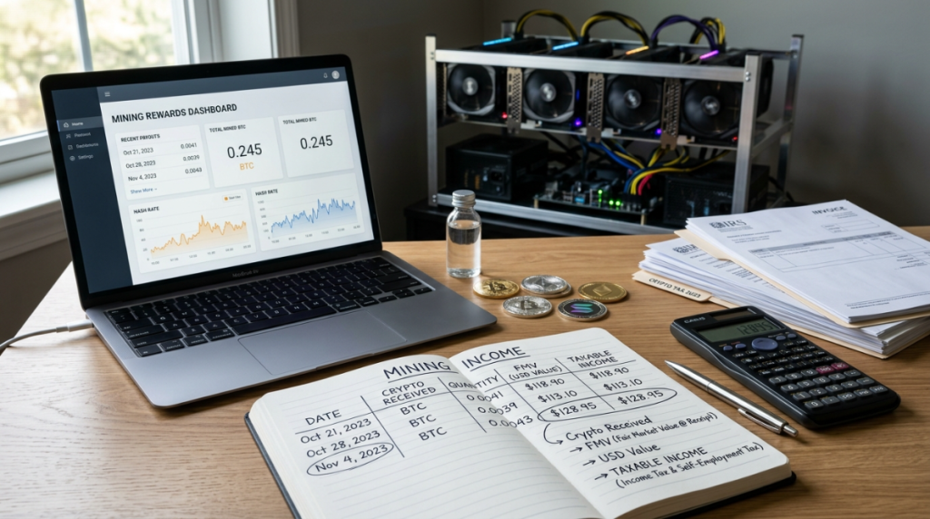 Crypto mining reward and taxable income tracking workspace