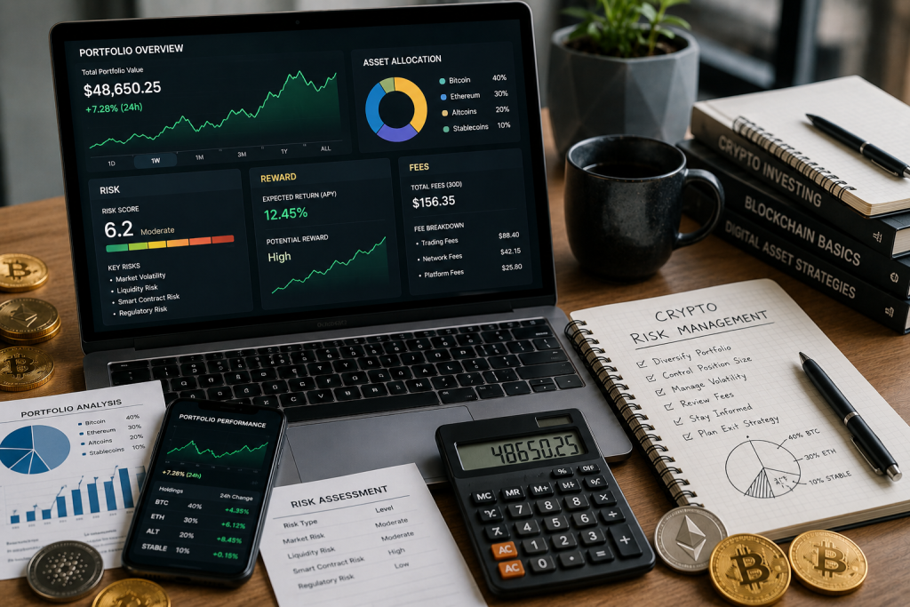 Crypto passive income risk management with portfolio, fees, and rewards