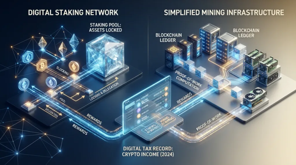 Crypto staking and mining rewards recorded as potential taxable income