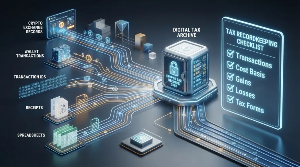 Crypto tax records organized by transactions, cost basis, gains, losses, and tax forms