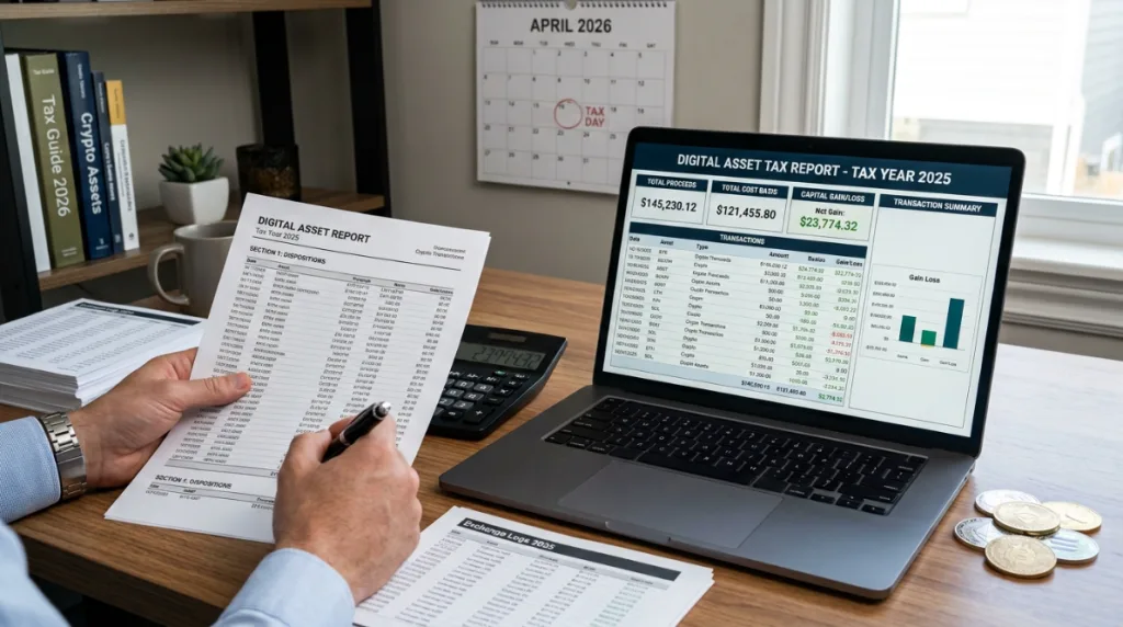 Crypto tax report with digital asset proceeds cost basis and 2026 tax records
