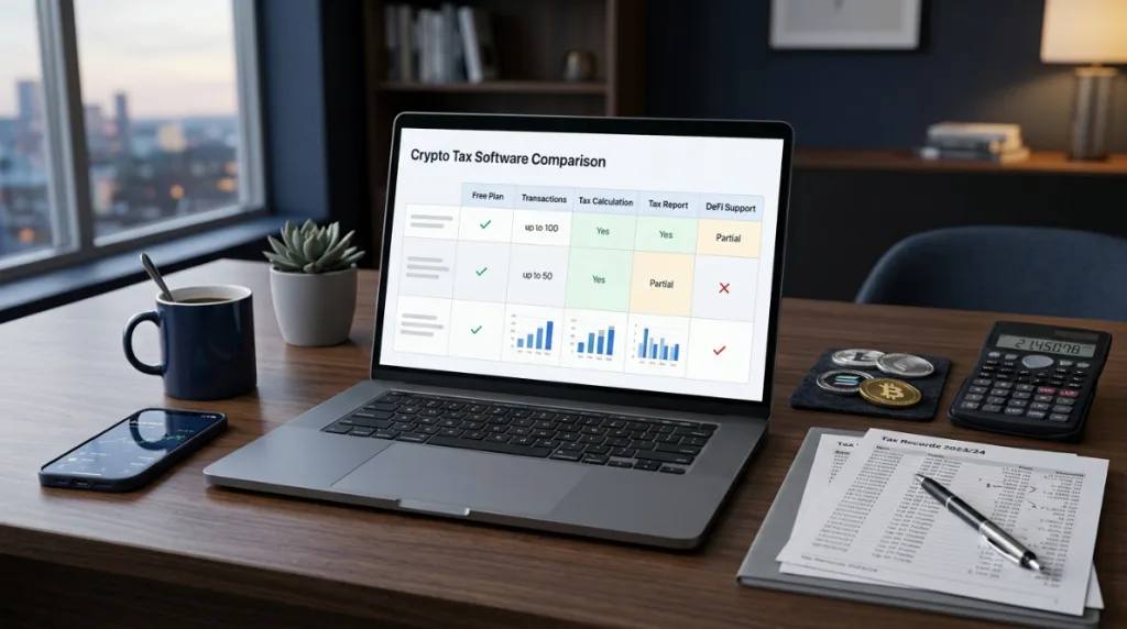 Crypto tax software comparison showing free plans and tax reporting features