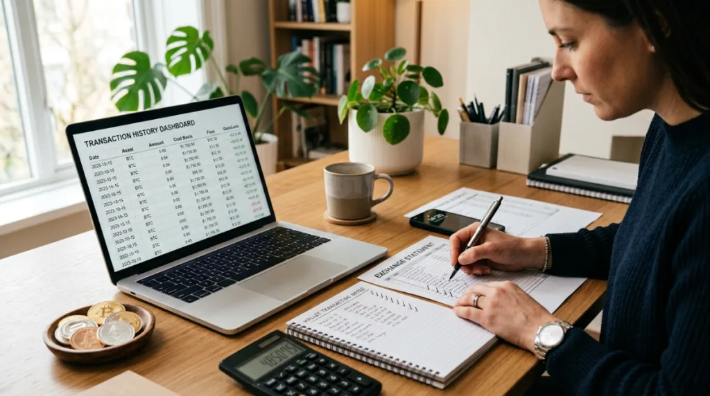Crypto tax transaction records with cost basis gains losses and fees