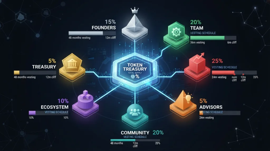Crypto token allocations for investors, teams, and communities