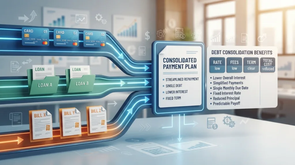 Debt consolidation showing multiple balances combined into one payment