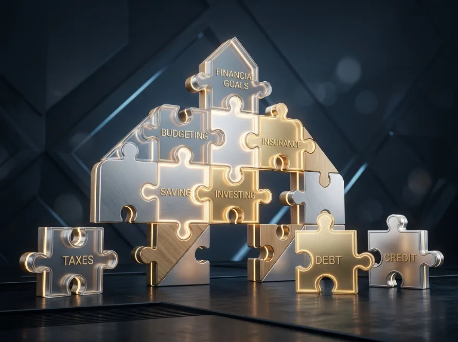 Financial literacy puzzle showing budgeting saving investing and financial planning