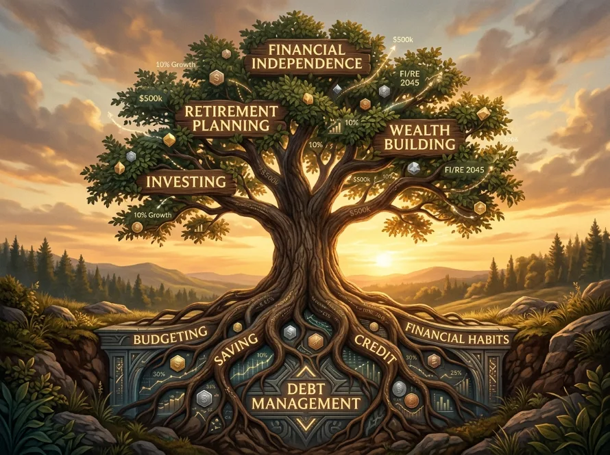 Financial knowledge tree representing budgeting saving investing and wealth building