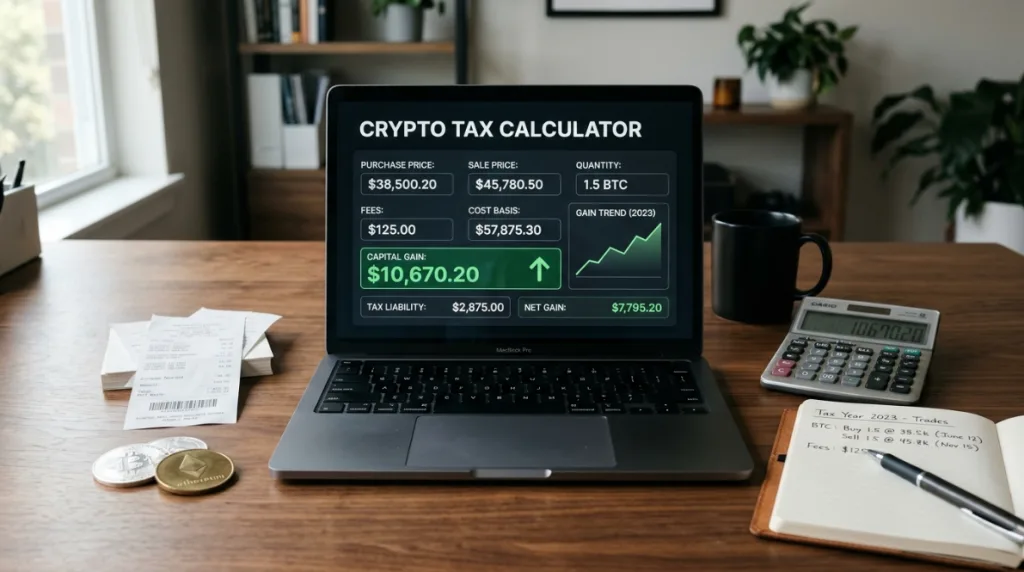 Free crypto tax calculator showing cost basis fees and capital gains