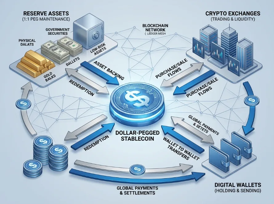 How stablecoins work through blockchain and reserve mechanisms