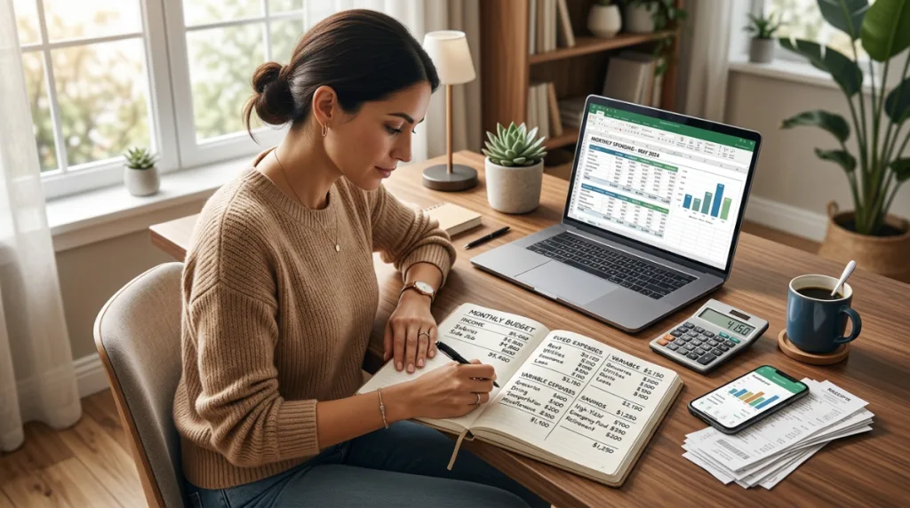 Person creating a monthly budget planner with income expenses and savings
