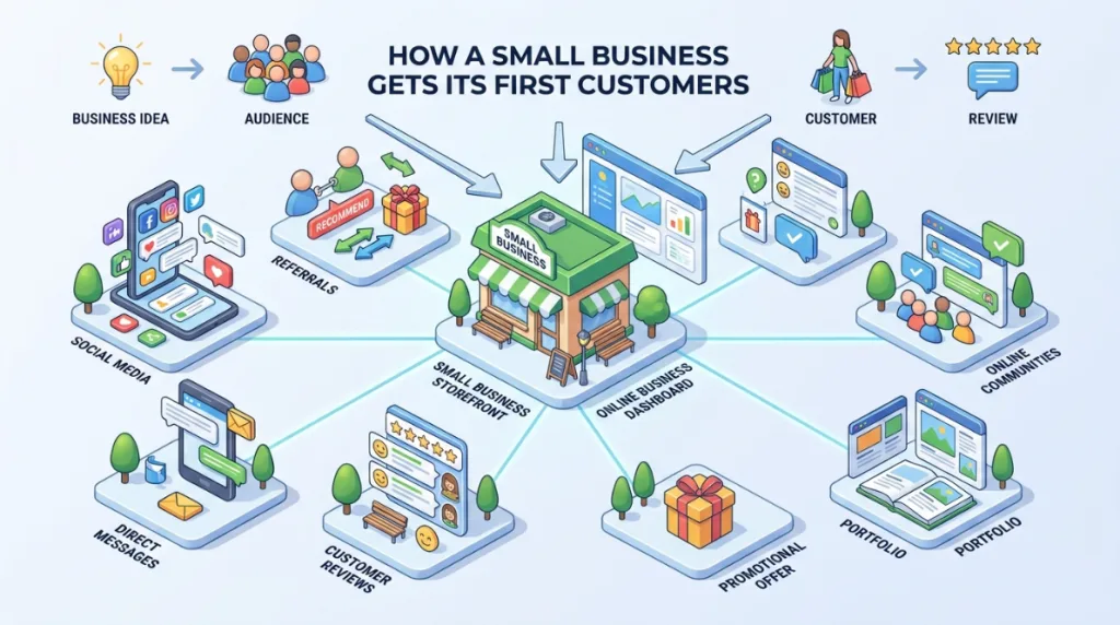 Small business customer acquisition through social media, referrals, portfolios and reviews