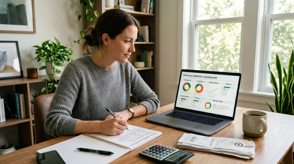 Person reviewing monthly expenses to reduce spending and increase savings