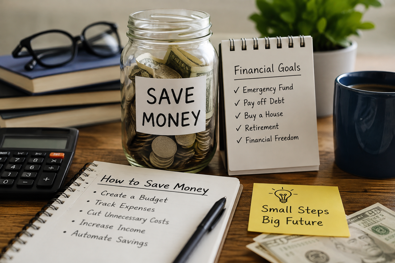 How to save money with a budget notebook, savings jar, calculator, and financial goals