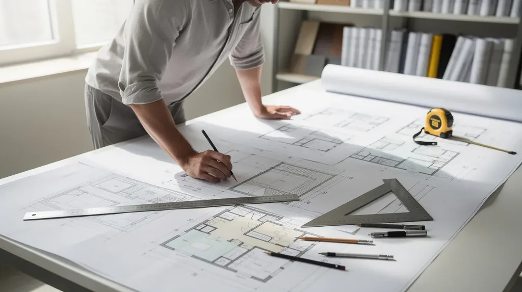 Home construction blueprints and floor plan drawings on architect’s desk