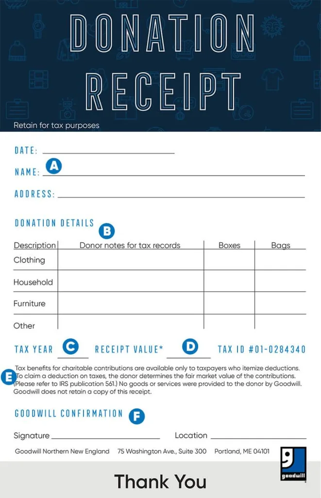 Charitable donation receipt for tax records
