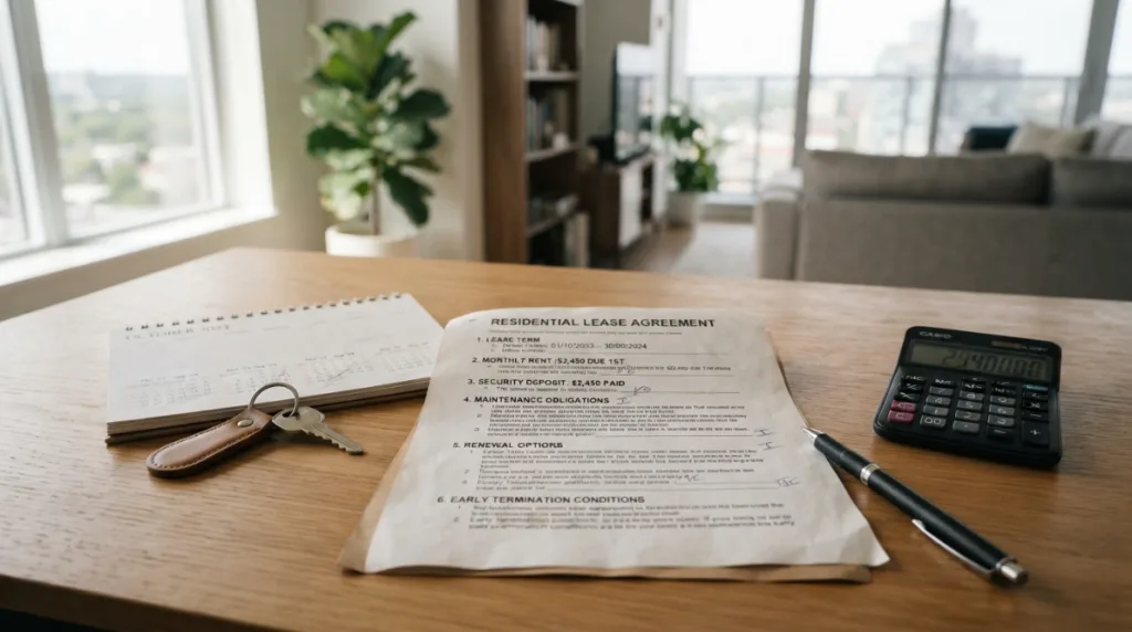 Lease agreement showing rent, duration, deposit, and contract terms