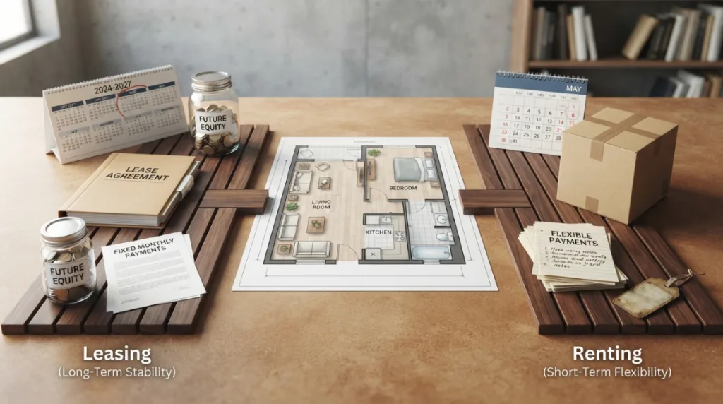 Visual comparison of leasing and renting based on commitment, cost, and flexibility