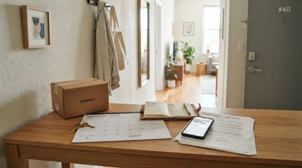 Month-to-month rental arrangement represented by a calendar, apartment key, and moving box
