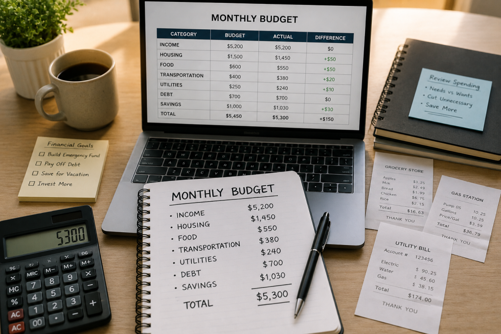 Monthly budget spreadsheet for tracking expenses and savings