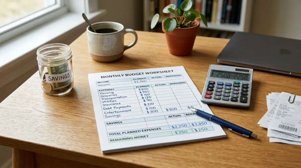 Monthly budget example showing income expenses savings and remaining money