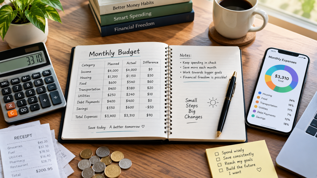 Monthly budget planning with income expenses savings calculator and financial notes