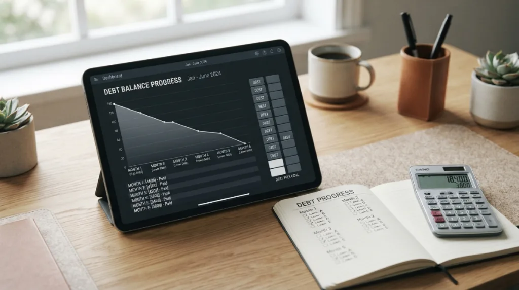Monthly debt repayment progress tracked with a declining balance chart