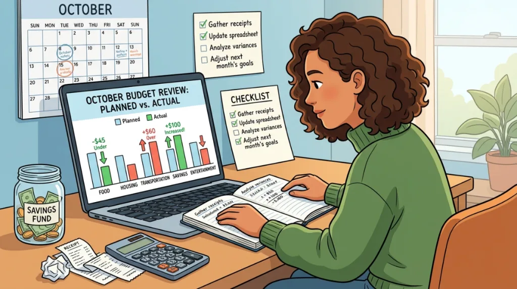 Monthly personal budget review comparing planned and actual spending