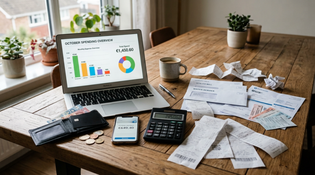Monthly spending review with expenses, receipts, calculator, and budgeting dashboard