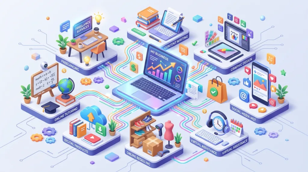 Online small business ideas including freelancing, tutoring, digital products and reselling