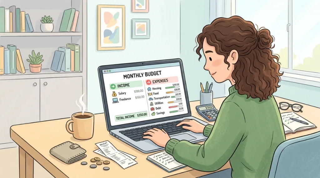 Personal budget showing monthly income and expenses