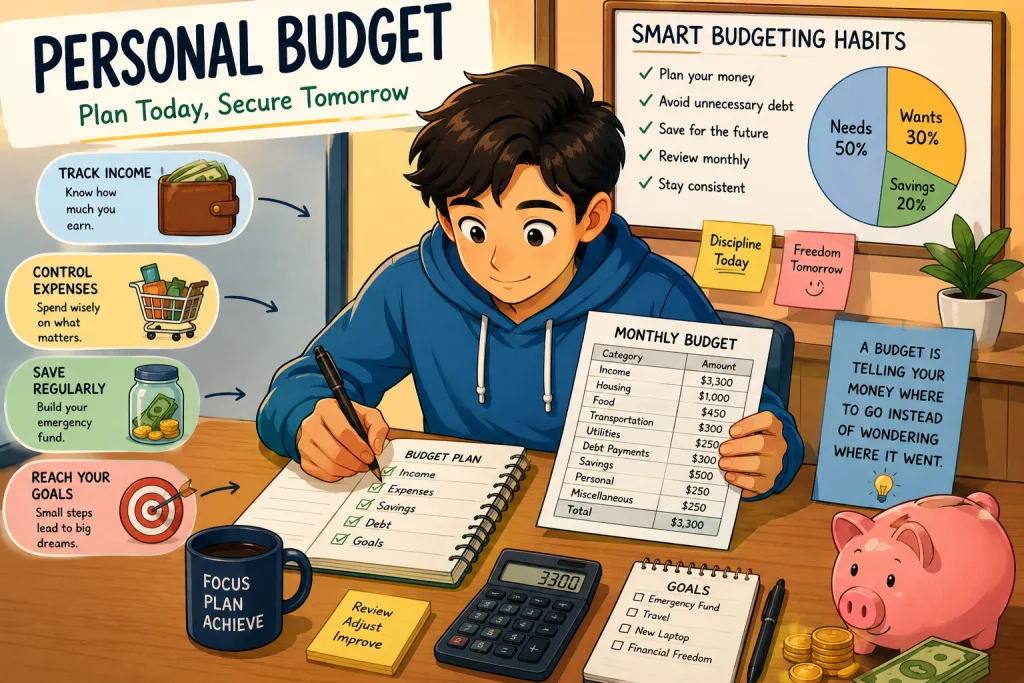Personal budget planning with income, expenses, savings, and financial goals