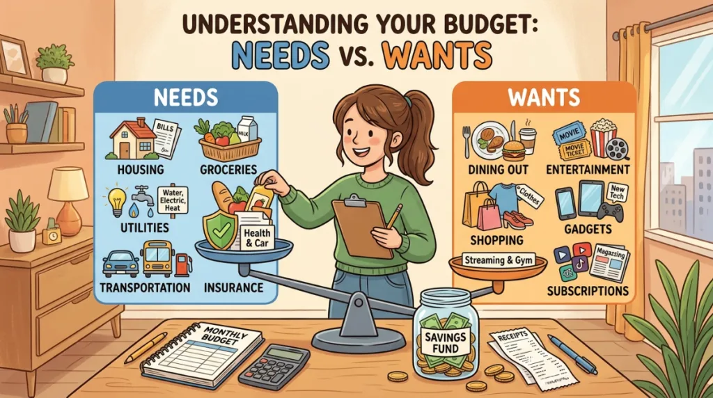 Personal budget comparing essential needs and discretionary wants