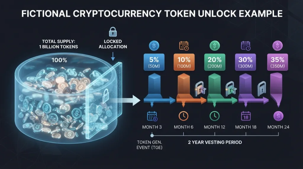 Example of cryptocurrency tokens becoming available over time