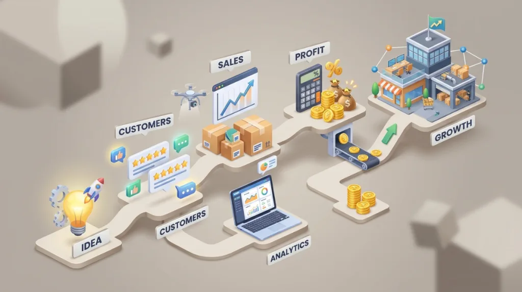Small business growth from idea and customers to sales, profit and expansion