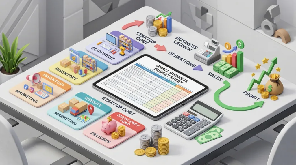 Small business startup cost budget with equipment, inventory, marketing and profit planning