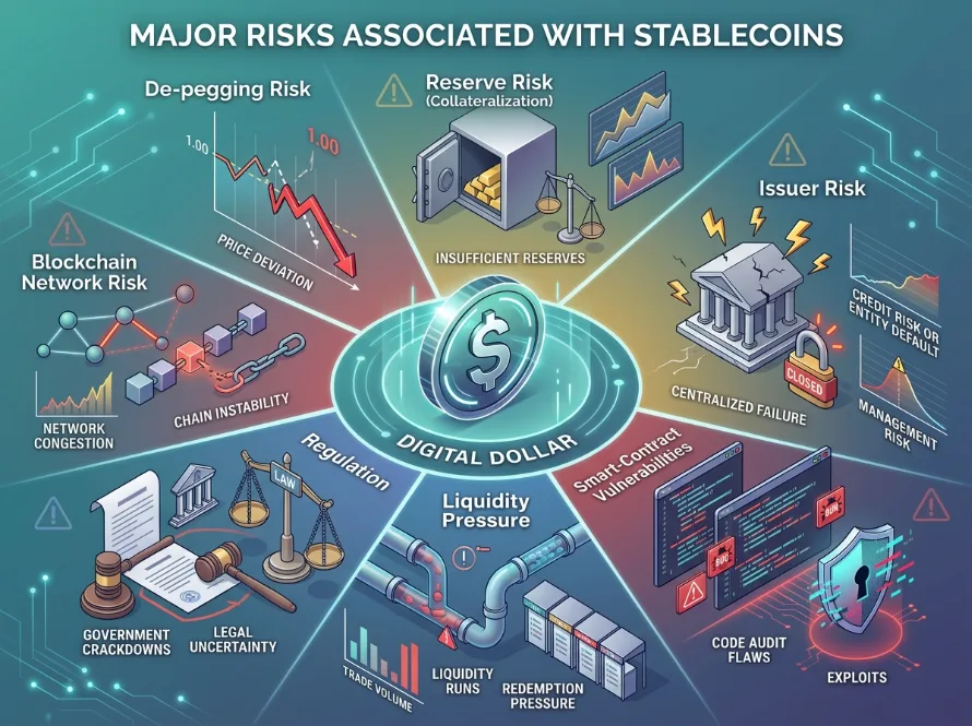 Stablecoin risks including de-pegging liquidity and reserve risks